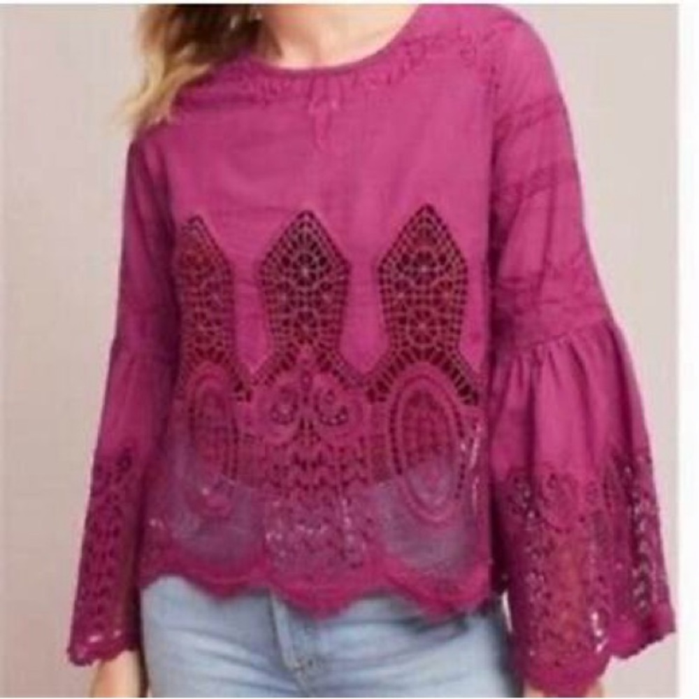 Anthropologie Embroidered Magenta Blouse